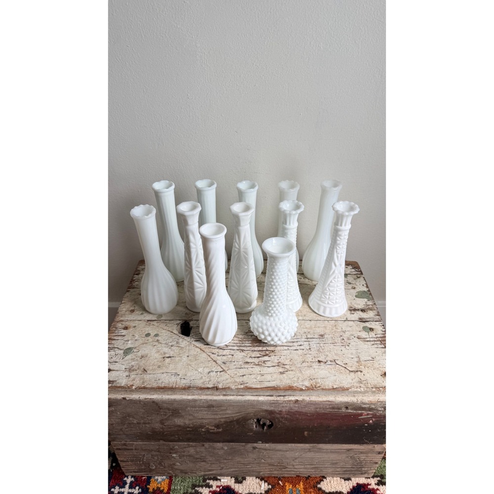 Vintage Milk Glass Bud Vases Set of 12 Assorted Patterns Wedding Decor - Picture 2 of 9